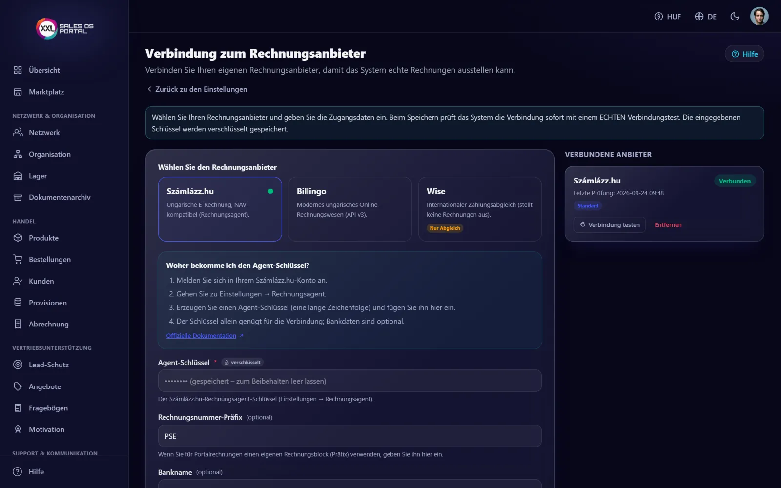 Bildschirmfoto aus dem System: Rechnungsstellung und Kartenzahlung