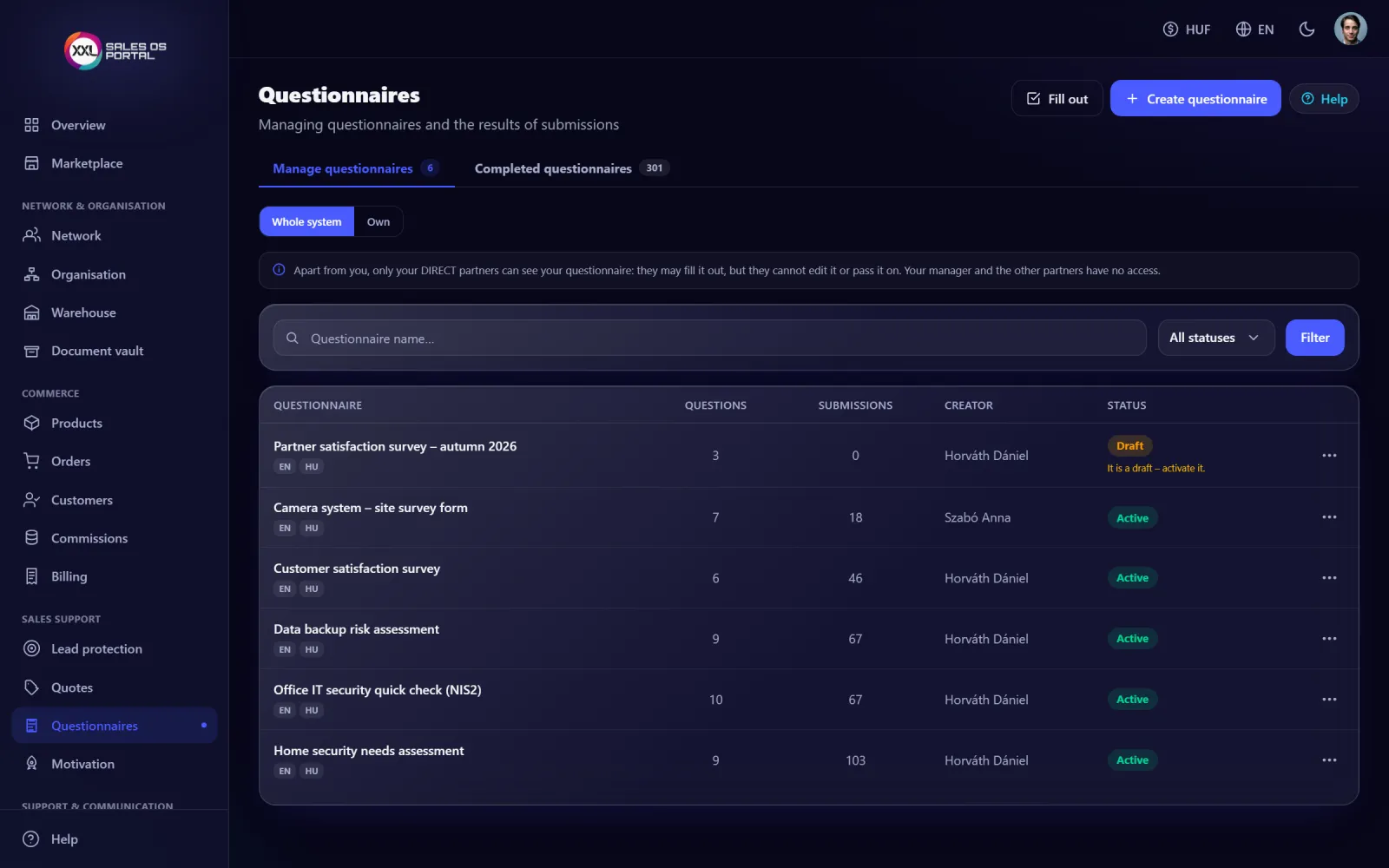 Screenshot from the platform: Questionnaires