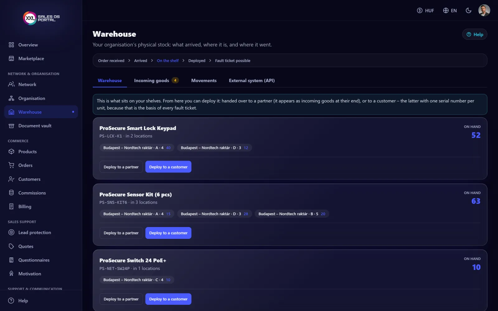 Screenshot from the platform: Stock and asset tracking